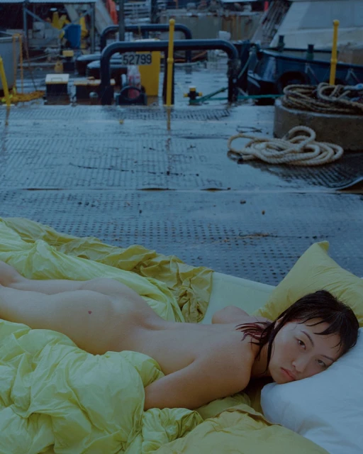 Nude female model poses on a yellow bed, set against a ship deck with ropes and equipment visible in the background, creating a striking contrast.