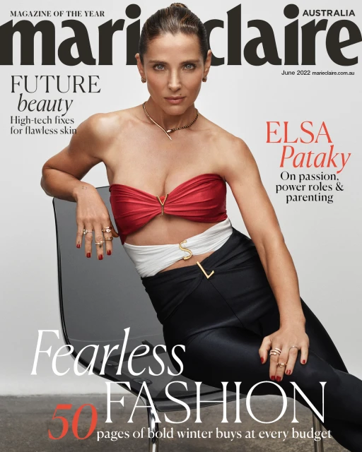 Magazine cover featuring Elsa Pataky in a red and white top and black pants, seated on a chair. Marie Claire Australia, June 2022.