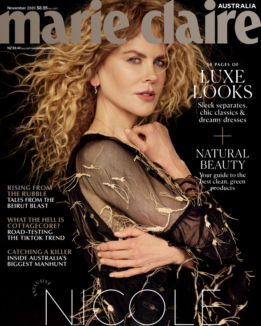 Marie Claire Australia November 2020 cover featuring Nicole Kidman, blonde curly hair, sheer black dress with embellishments, close-up shot.