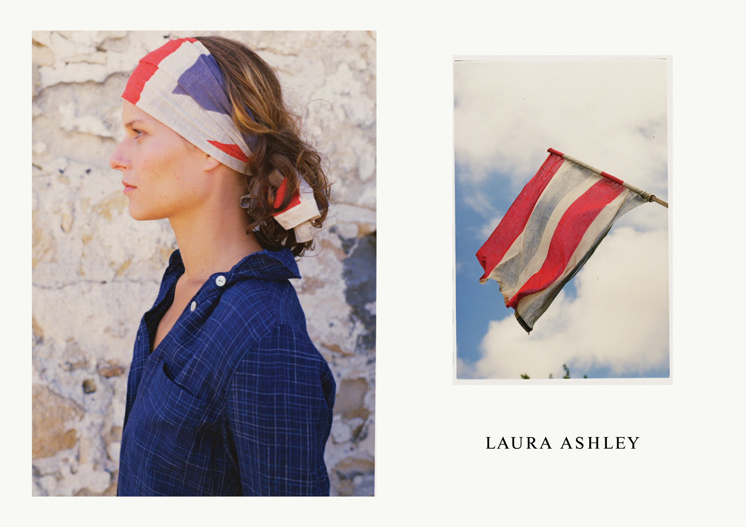 Profile view of a woman in a blue plaid shirt and a patterned headscarf. Inset image: red-striped flag against a cloudy sky.