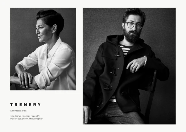 Black and white portrait diptych featuring two individuals seated against dark textured studio backgrounds.