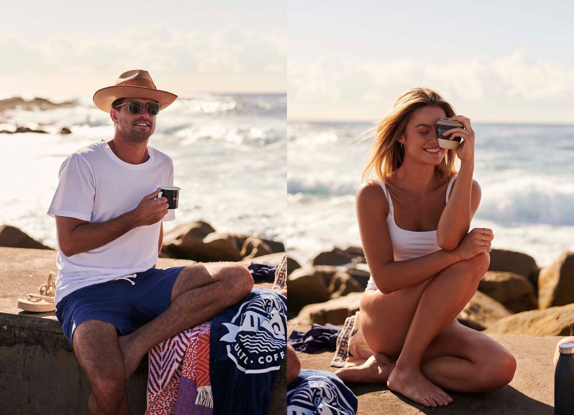 Man in a hat holding a cup and woman sitting outdoors by the coast in Sydney by Steve Baccon