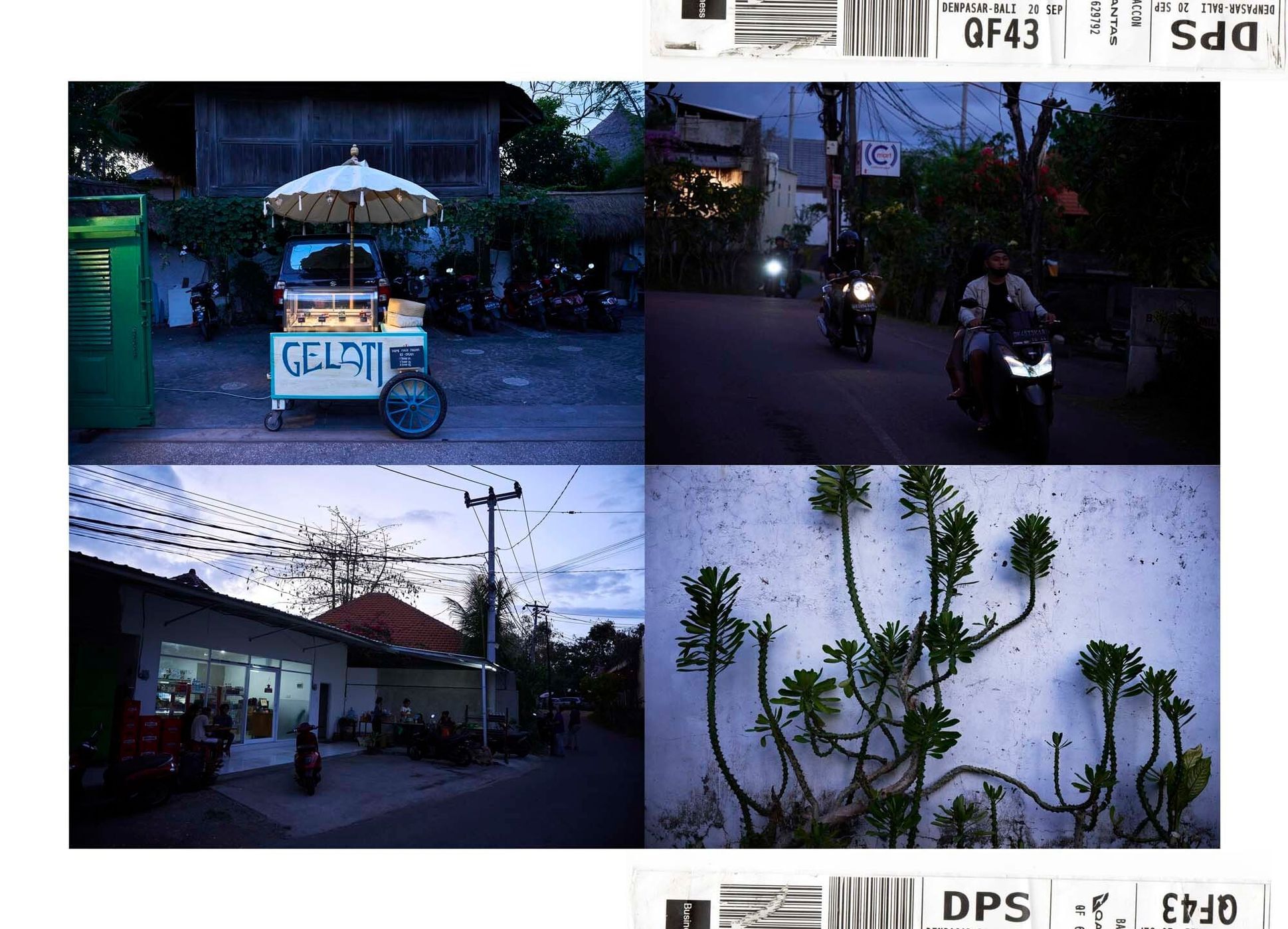Collage of Bali scenes at dusk: Gelato cart, people on scooters, tropical plants on wall, with travel luggage tag details.