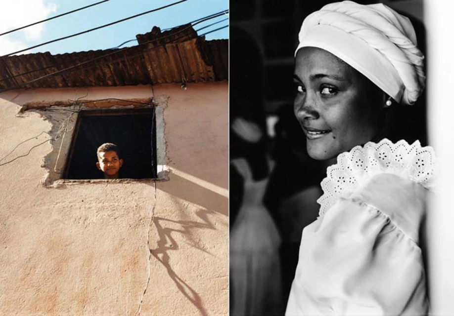 Collage of a boy looking out a window in a pink building and a woman in a white dress and head covering, gazing at the camera.