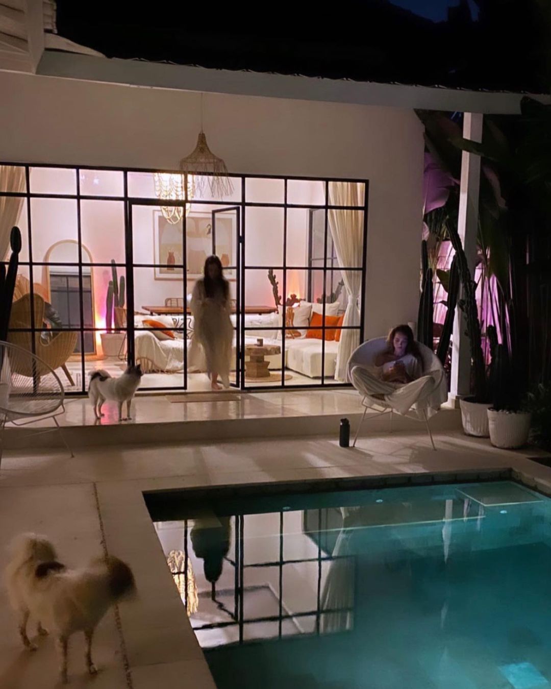 Two adult females relax by a pool at night in front of a modern house with dogs. Indoor lighting illuminates the scene.