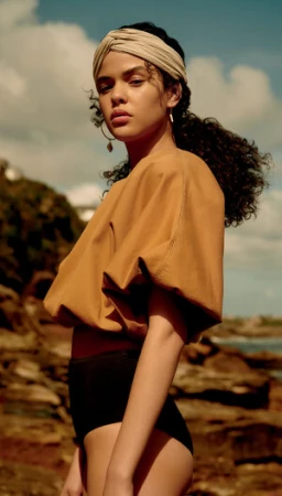 A woman wearing a beige headband and mustard yellow top with dark bottoms outdoors near rocky terrain.