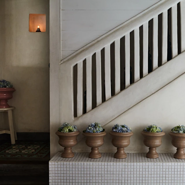 Interior view of a staircase with white banisters, accompanied by a row of terracotta pots filled with plants on a tiled surface.