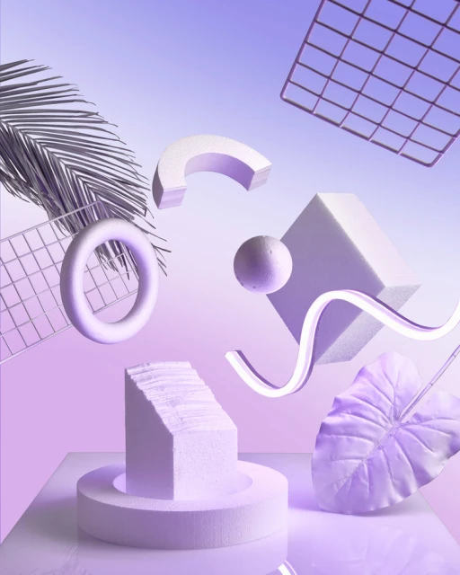 Abstract still life with geometric shapes, palm leaf, and soft, gradient background. Soft lighting and pastel color palette give ethereal quality.
