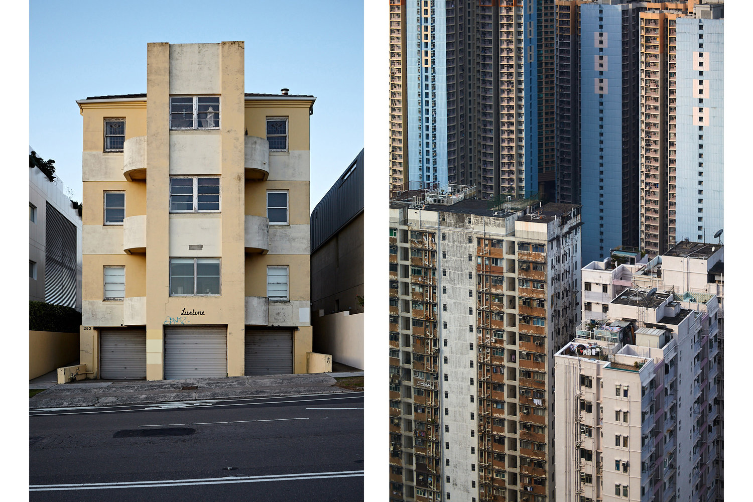 Urban architecture contrasts: a yellow Art Deco apartment building stands beside Hong Kong's tall residential skyscrapers under a blue sky.