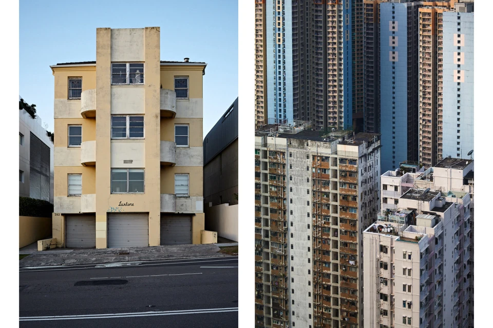 Urban architecture contrasts: a yellow Art Deco apartment building stands beside Hong Kong's tall residential skyscrapers under a blue sky.
