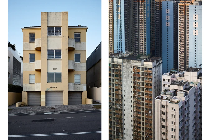 Urban architecture contrasts: a yellow Art Deco apartment building stands beside Hong Kong's tall residential skyscrapers under a blue sky.