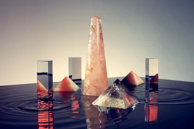 Crystal obelisk and glass pyramids standing upright in shallow dark water with ripples against a grey background.