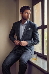 Man in a grey tweed suit sitting by a window holding a glass of whiskey