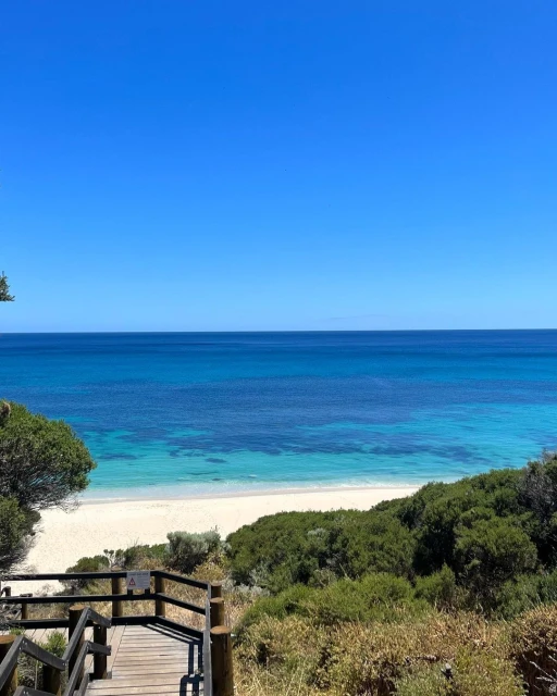 Coastal view with clear blue sky, turquoise ocean water, white sand beach, lush green vegetation, and wooden stairs leading down.