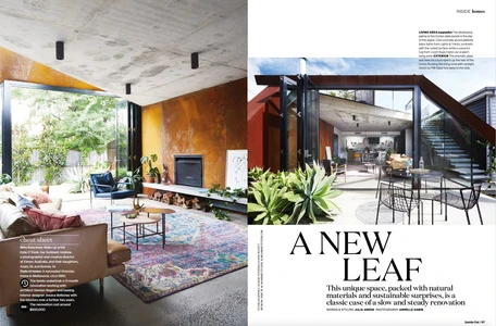 Two-page spread features an interior living room with a view to the garden, contrasted with an exterior patio and house view.