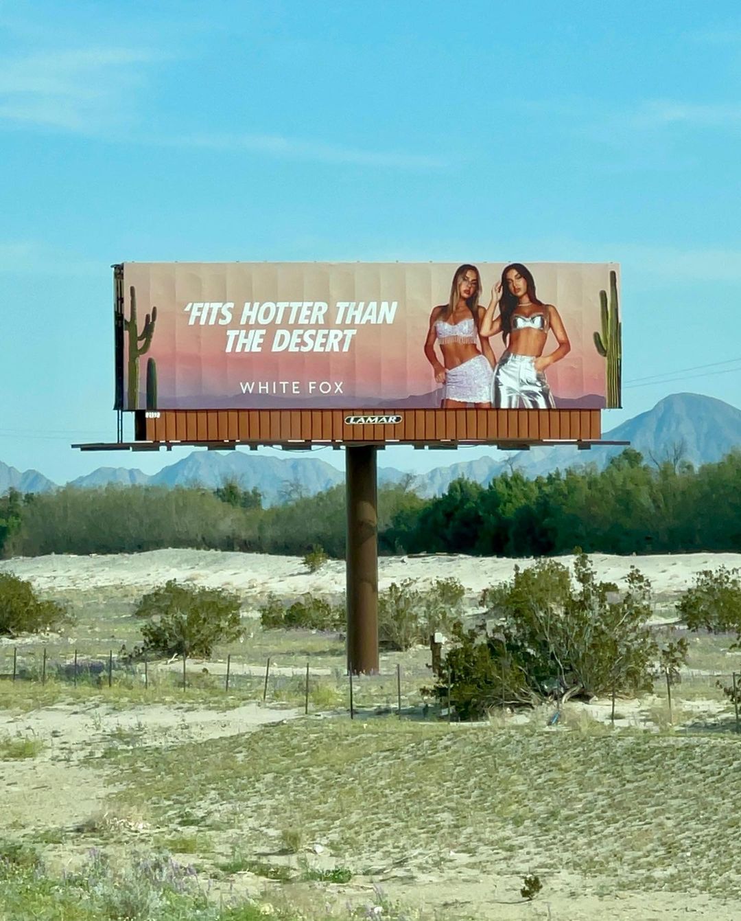 Billboard advertisement featuring two adult women in coordinated outfits against a desert landscape backdrop with mountains and blue sky.