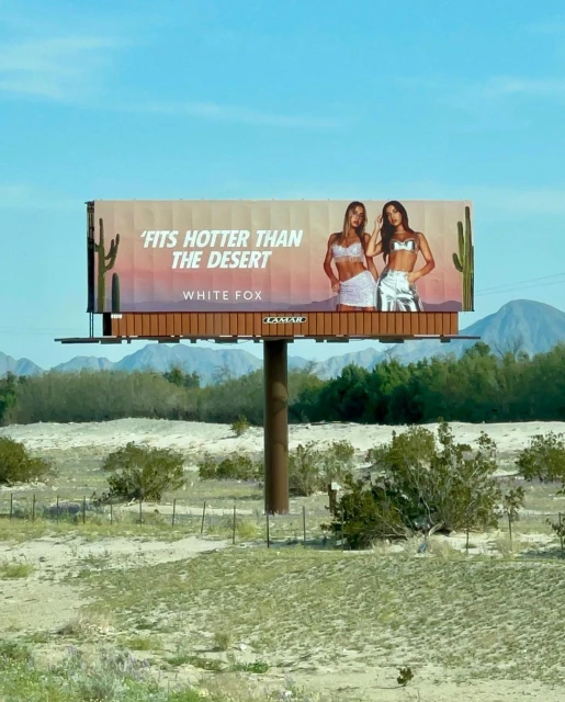 Billboard advertisement featuring two adult women in coordinated outfits against a desert landscape backdrop with mountains and blue sky.