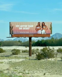 Outdoor billboard advertisement showing two women posing in metallic outfits in a desert landscape with text reading fits hotter than the desert