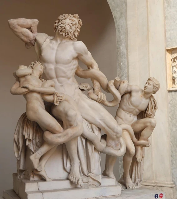 Sculpture of Laocoön and his Sons in marble, depicting the Trojan priest and his sons being attacked by sea serpents.