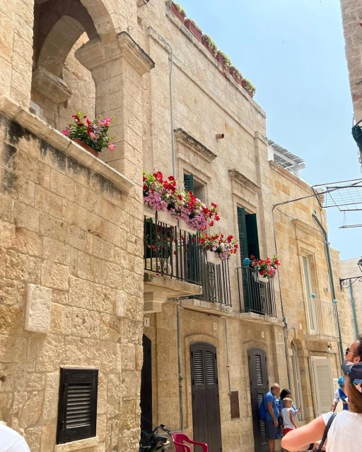 Charming European street scene featuring stone buildings adorned with colorful flower boxes, creating a vibrant and picturesque atmosphere.