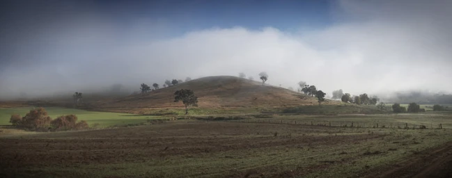 Panoramic landscape of rolling hills covered in mist and low clouds over agricultural fields and sparse trees in the morning light