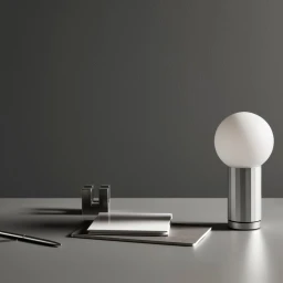 Minimalist interior styling featuring a spherical globe lamp, stacked notepad, and pen on a grey desk.
