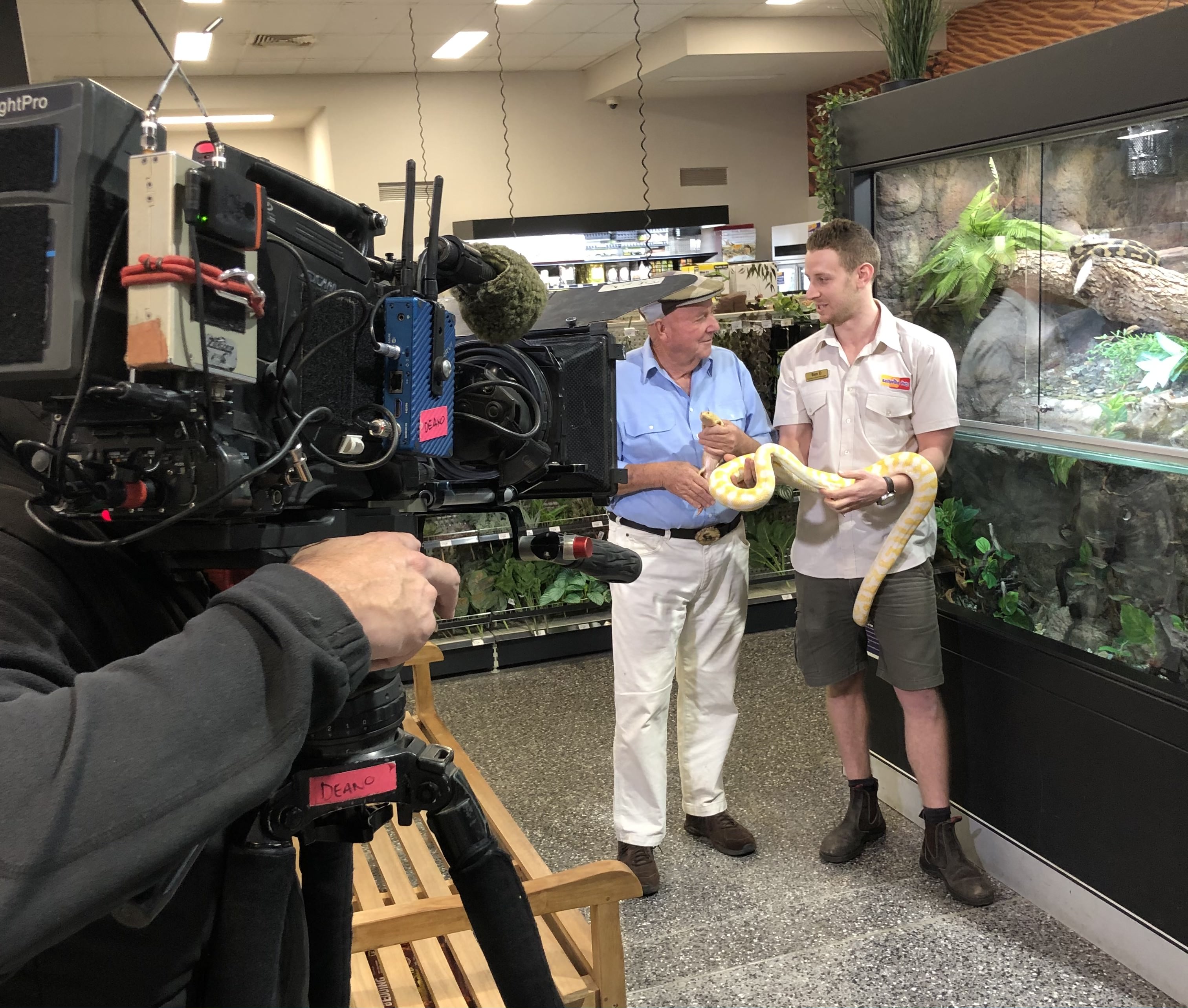 Filming scene with two men holding a snake in a pet store, showing the camera and equipment, with reptile enclosures in the background.