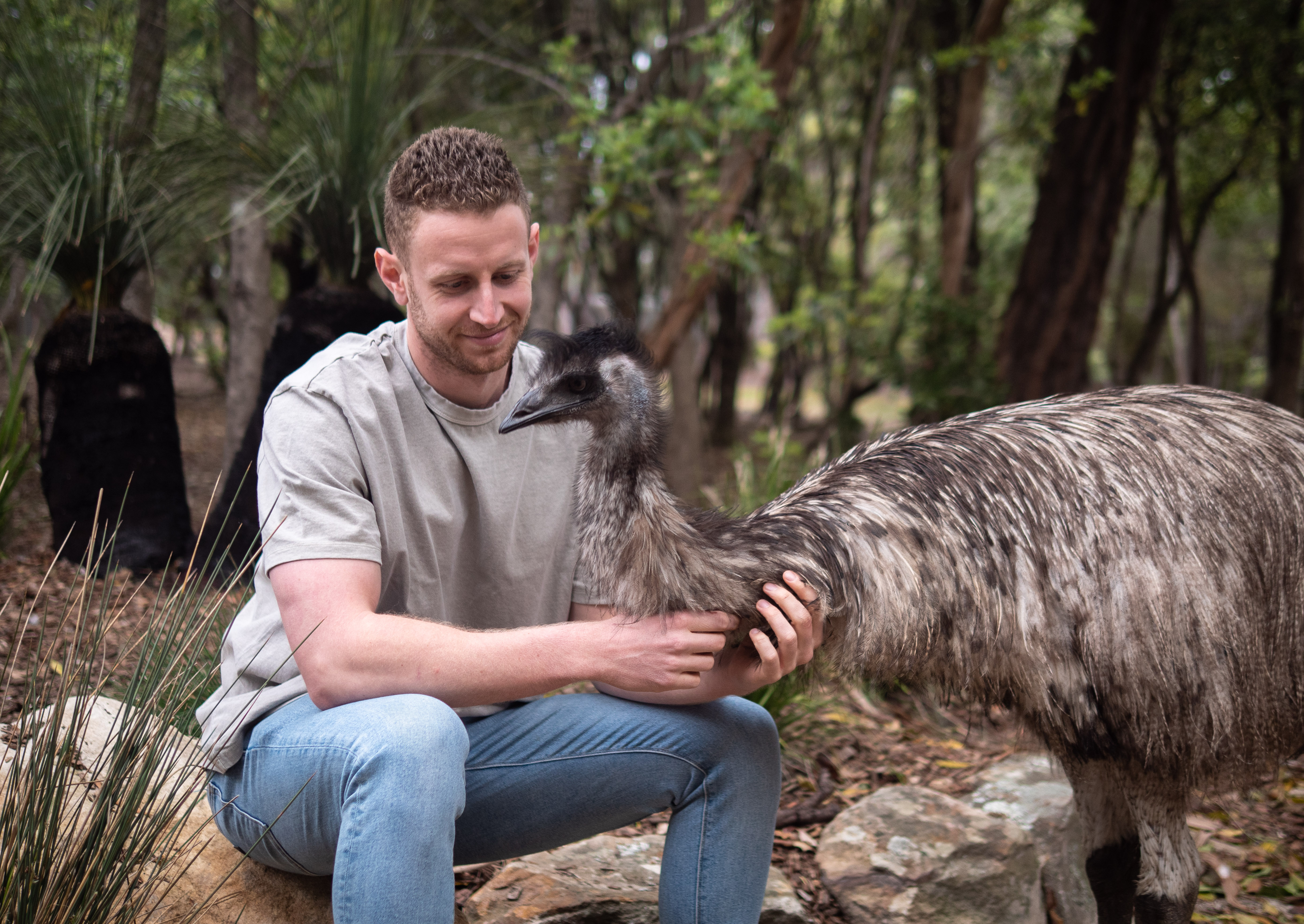 Adult male sitting, embracing an emu in a forest setting with green foliage and trees in the background in natural light.