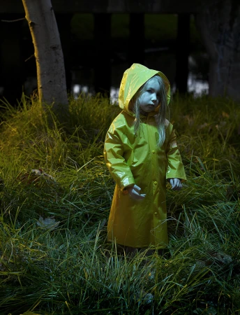 Child in a yellow raincoat stands in tall green grass, illuminated by an unseen light source in a dark outdoor setting. Moody lighting.