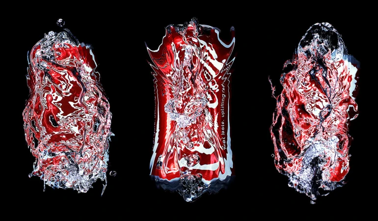 Three manipulated beverage cans with water droplets isolated against a black background creating an abstract and visually striking still life.