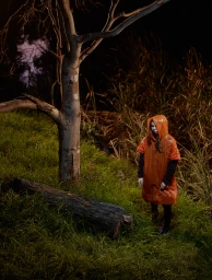 Person wearing an orange waterproof poncho standing on a grassy riverbank next to a bare tree at night.
