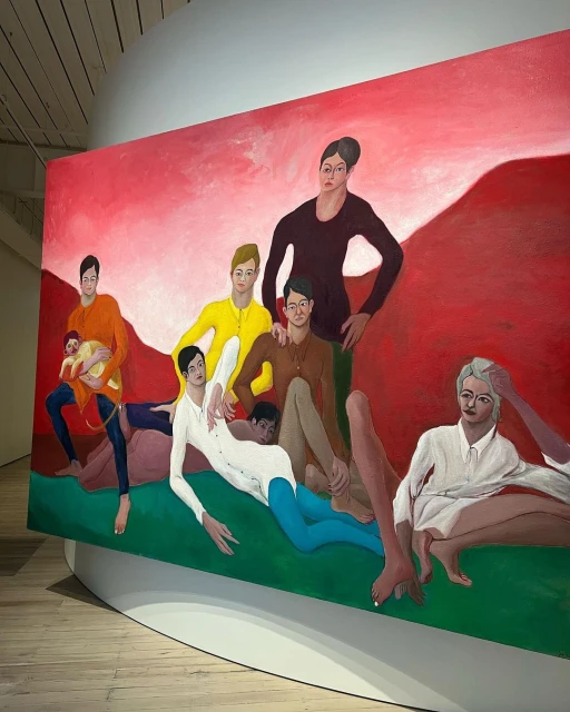 Large painting of eight figures in an art gallery with a red and pink sky background and a green foreground.