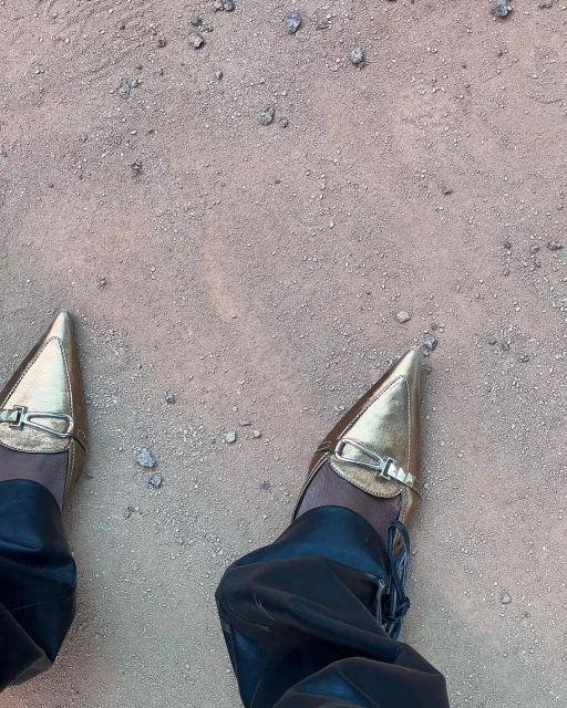 Feet wearing shiny gold pointed-toe heeled shoes and black leather pants stand on a ground of small rocks and sand.