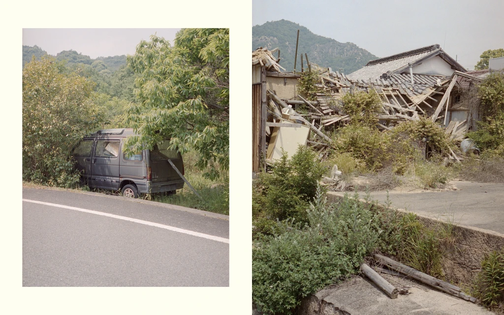 Image featuring a dilapidated building with a collapsed roof and overgrown vegetation alongside a vintage van nestled among trees in an outdoor setting.