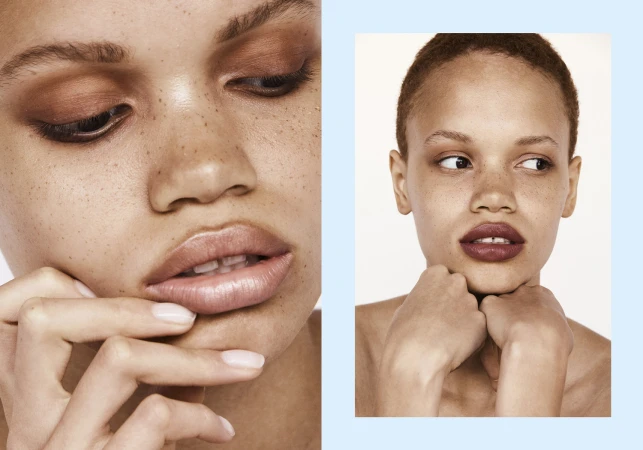 Close-up diptych portrait of a woman with short hair, freckles, brown eyeshadow, and nude lips, photographed by Daryl Orillaza.