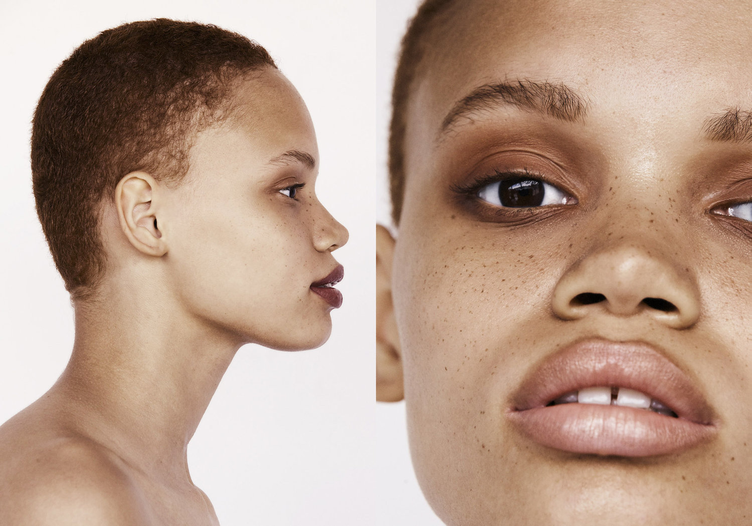Close-up studio portrait of a young, light-skinned woman with short, copper-colored hair. The image is split with both a side and forward view.