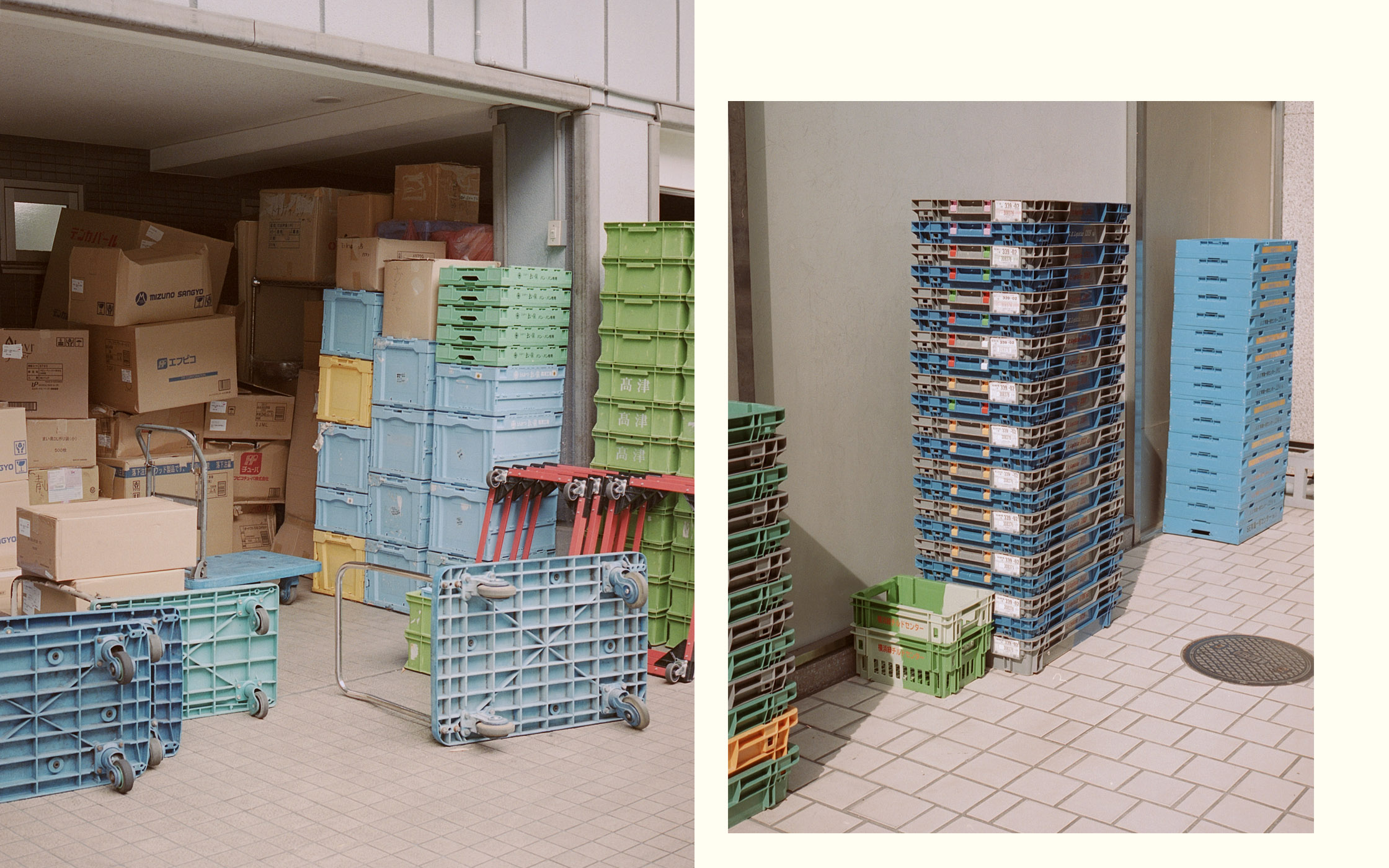 Stacked and nested plastic crates and cardboard boxes fill an indoor storage area with a tiled floor in a brightly lit, organized fashion.