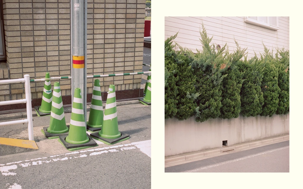 Eye-level shot of green traffic cones with white stripes beside a silver pole and brick building with a trimmed hedge in background.