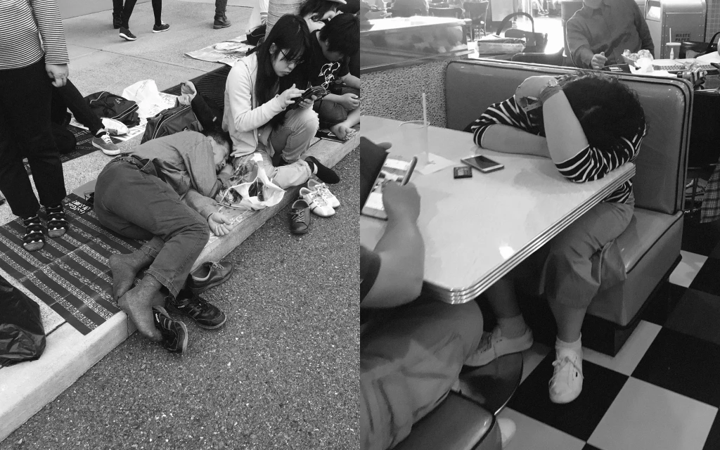 Black and white split-screen shows people sleeping and using devices outdoors and in an indoor diner setting, offering a glimpse into daily life.