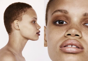 Close-up beauty portraits of a woman with short buzzcut, natural freckles, and warm brown eyeshadow against white background