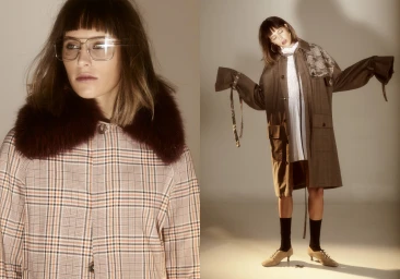 Diptych of a woman wearing glasses, a plaid jacket with fur collar, and a brown coat against a plain background
