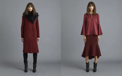 Two full-length shots of a female model wearing burgundy fashion outfits against a plain grey studio backdrop by Daryl Orillaza.