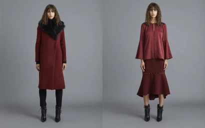 Two full-length shots of a female model wearing burgundy winter clothing and black boots against a plain grey backdrop.