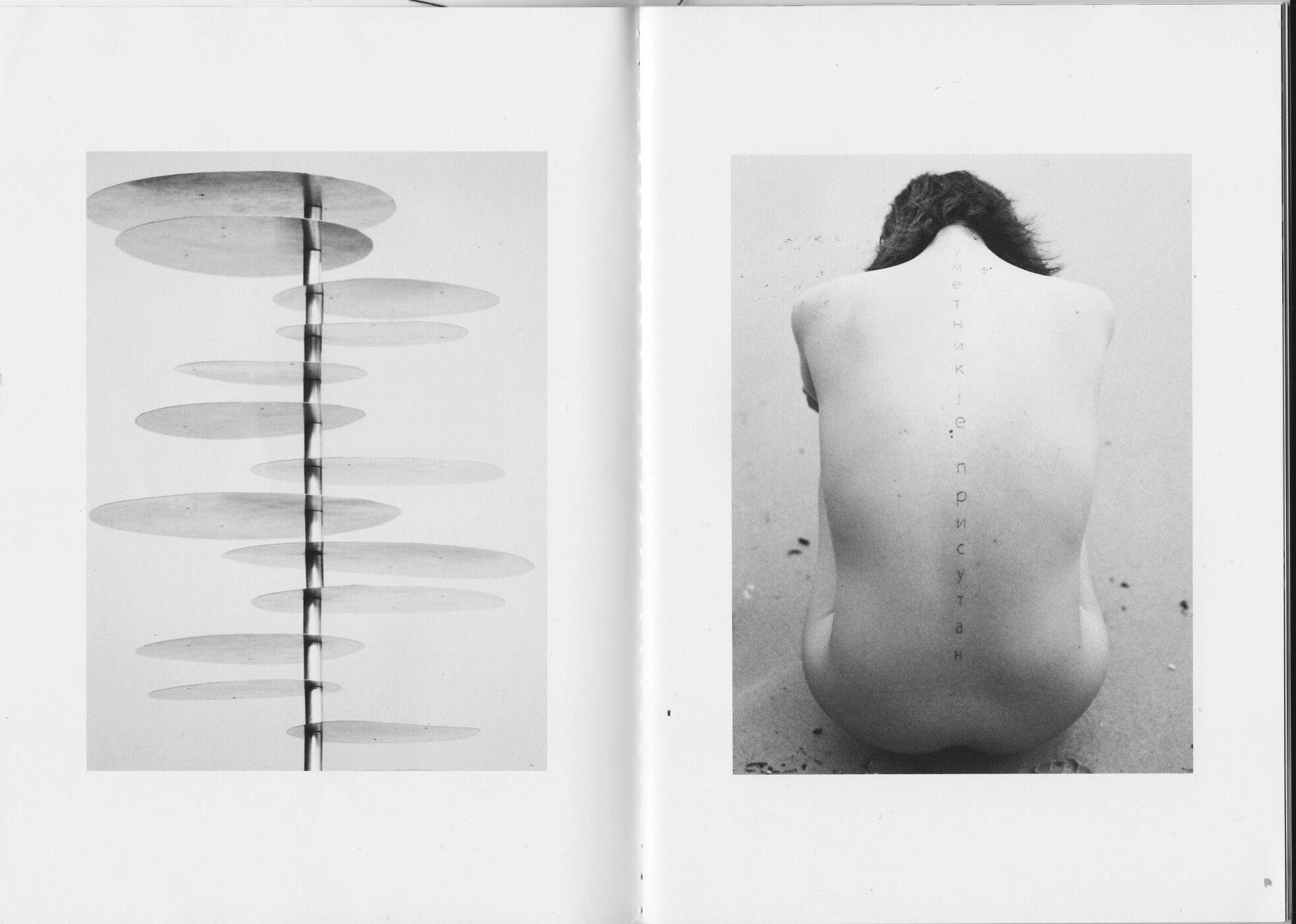Black and white photo in book spread: left, arrangement of circular discs on a pole; right, back view of a nude adult with text on spine.