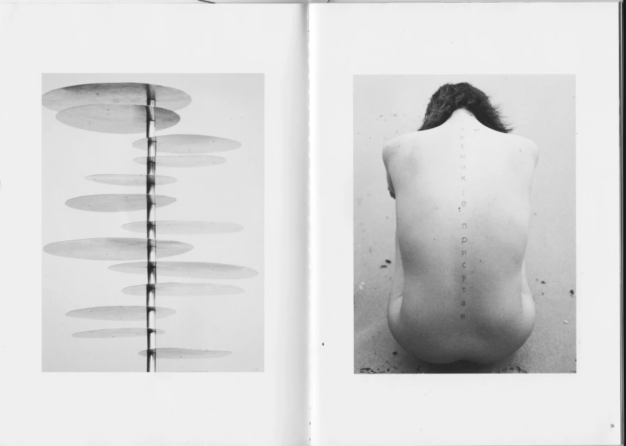Black and white photo in book spread: left, arrangement of circular discs on a pole; right, back view of a nude adult with text on spine.