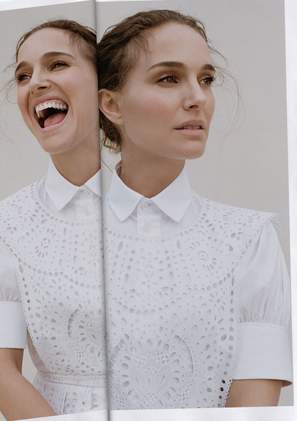 Close-up of a woman's face, two expressions side-by-side: one laughing joyfully, the other showing a serene, thoughtful expression.