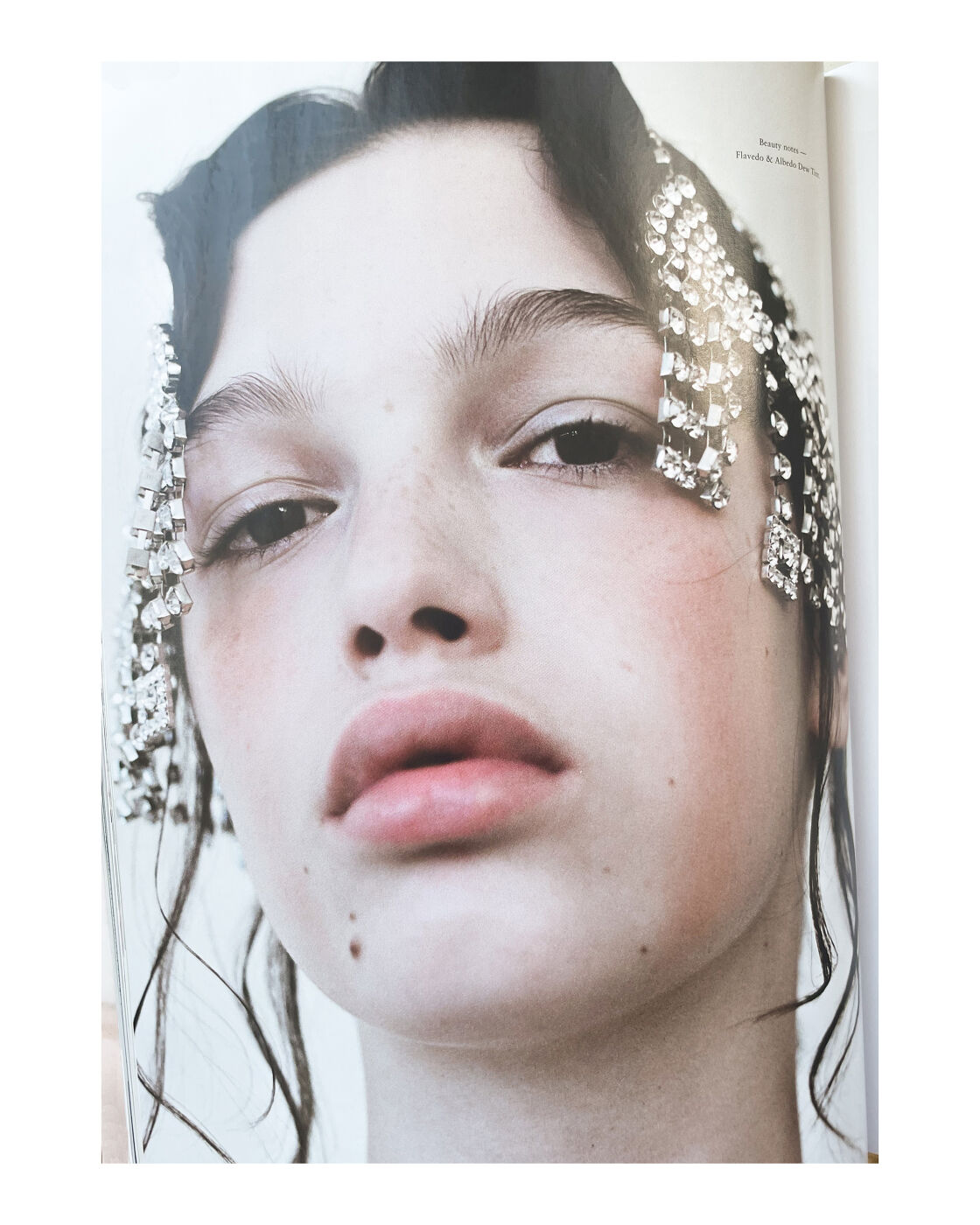 Close-up portrait of a young woman with fair skin and dark hair, wearing sparkling decorative headpieces in a beauty fashion shot.