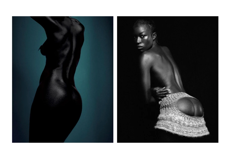 Two portraits of an adult woman with dark skin, one with a dark cyan background, the other in black and white wearing a knit skirt.