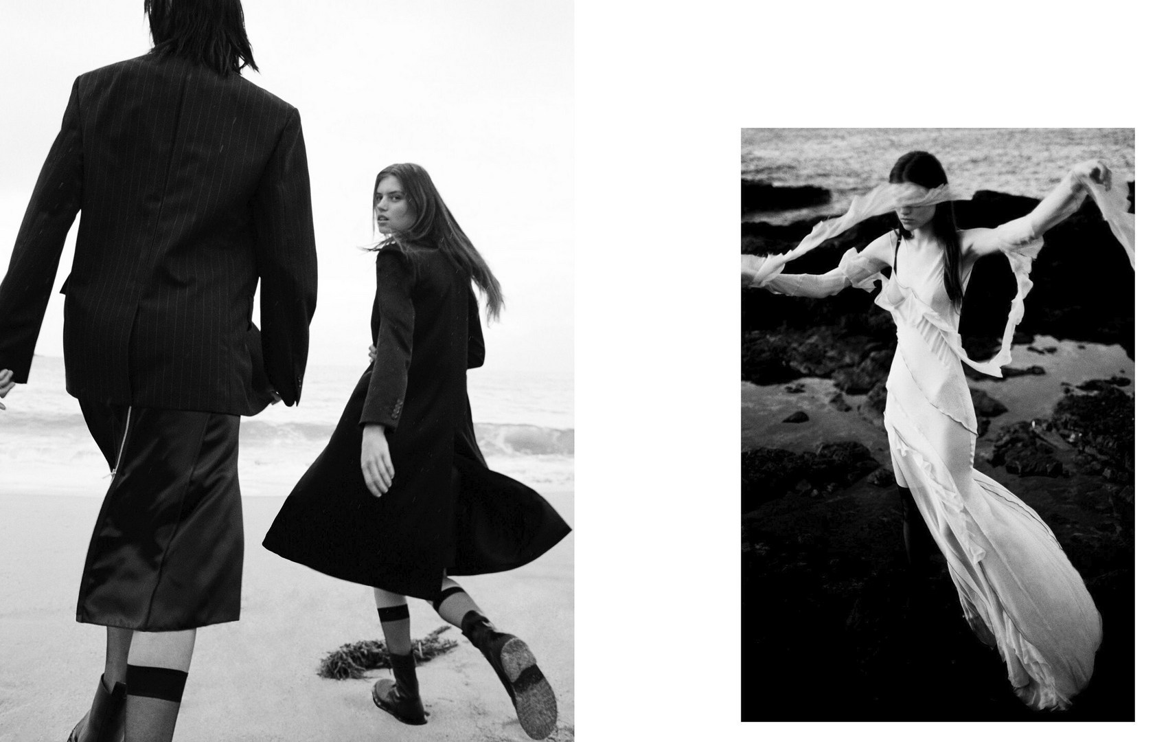 Two models in black and white fashion on a beach, one in a suit and the other in a long coat, alongside a model in white dress.