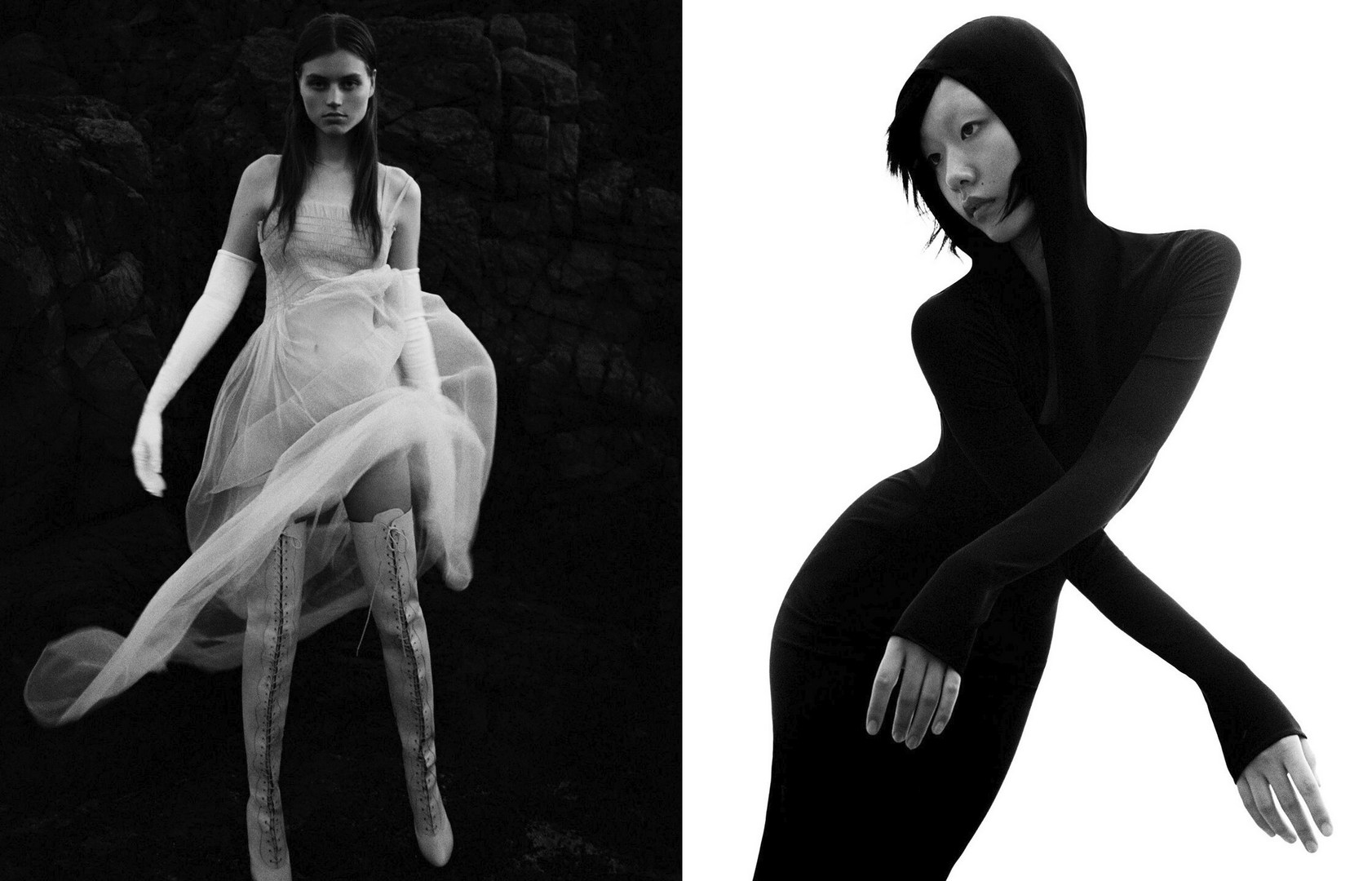 Monochrome fashion shot featuring a woman in a sheer dress against a dark rock backdrop and another in a hooded bodycon suit on white.